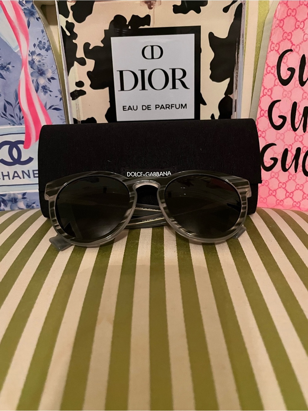 Dolce & Gabbana Round Sunglasses in Gray Marble with Black Lenses